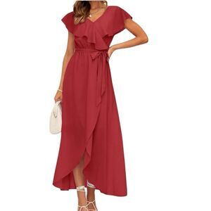 Btfbm Women's Red High-Low V-Neck Dress M Party Sleeveless Ruffles